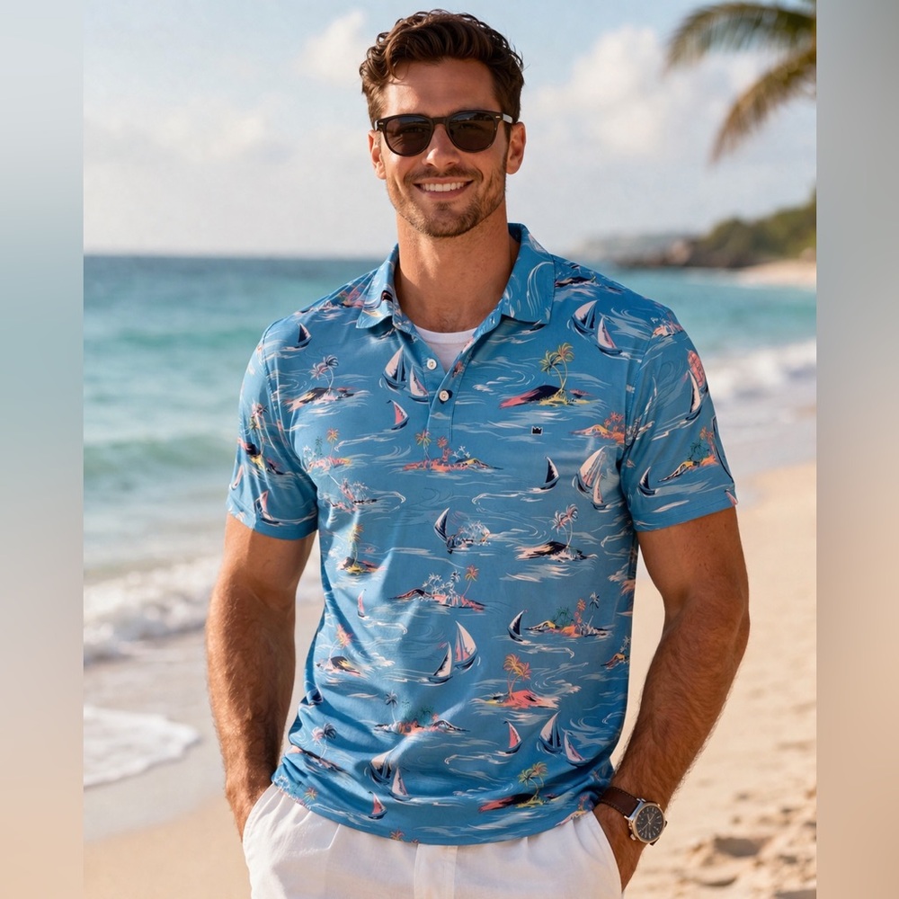 Size LARGE Crown & Ivy Blue Sailboat Nautical Polo Shirt Mens